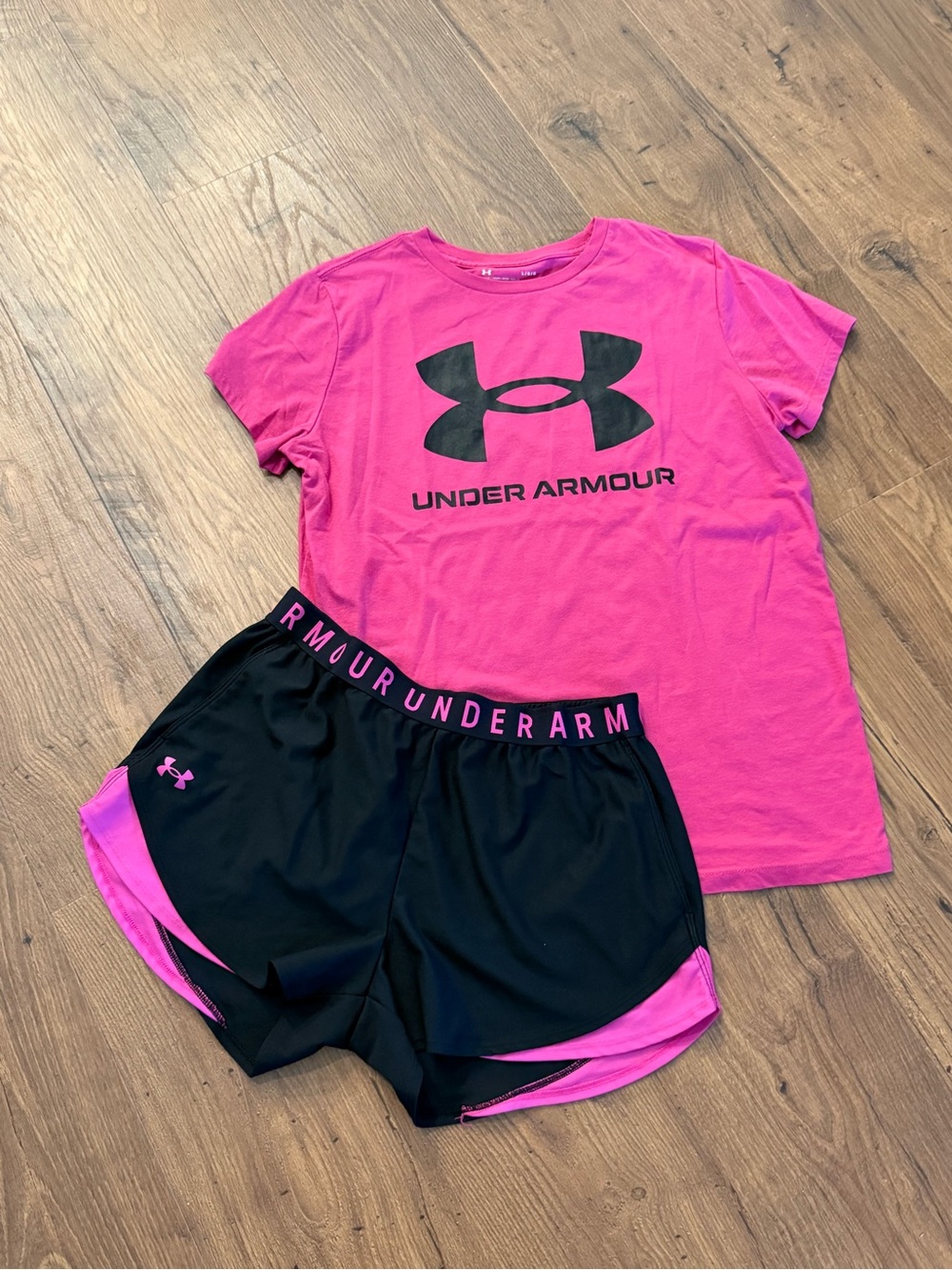 Under Armour Pink Tee with Black & Pink Athletic Shorts